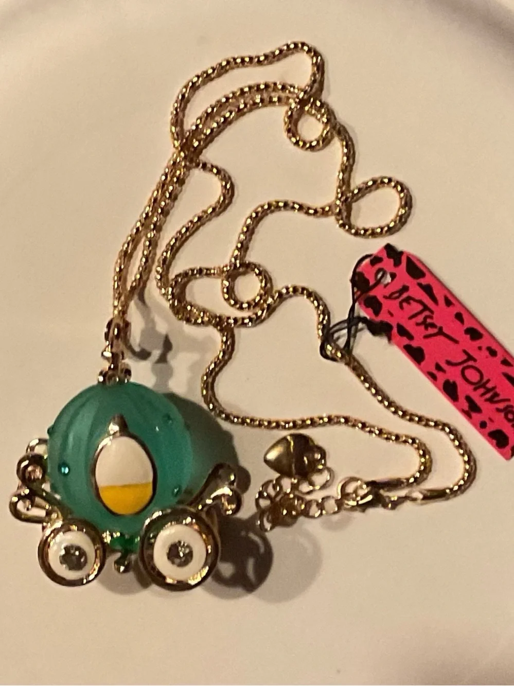 Betsey Johnson Teal Carriage Pendant Necklace with Gold Chain